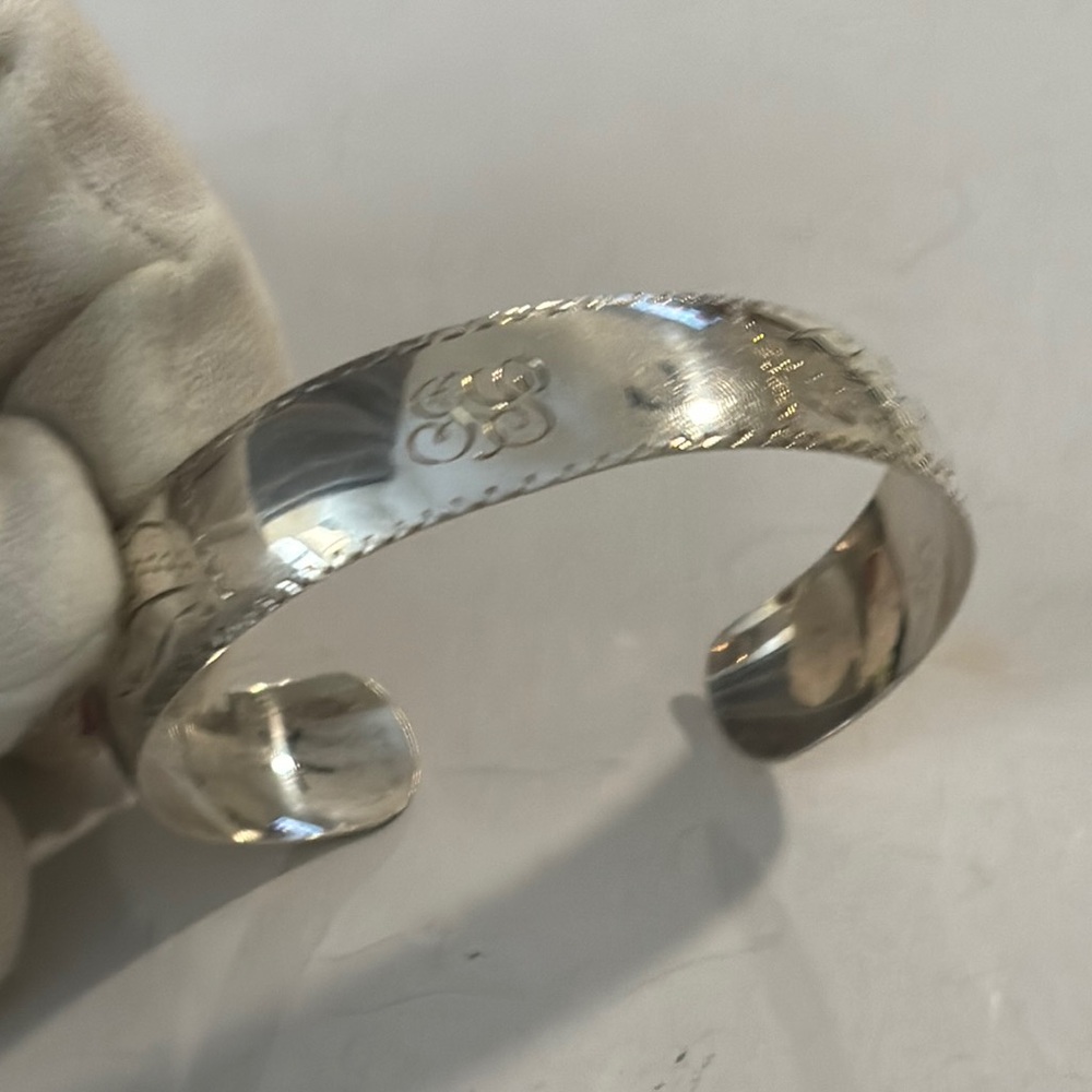 Vintage etched design sterling silver cuff old English font  monogram  bracelet